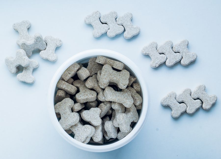 Oven-baked bone-shaped dog biscuits in a bowl
